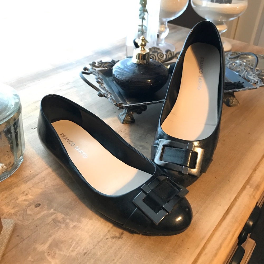 Franco Sarto Black Flats with Silver Buckle Detail